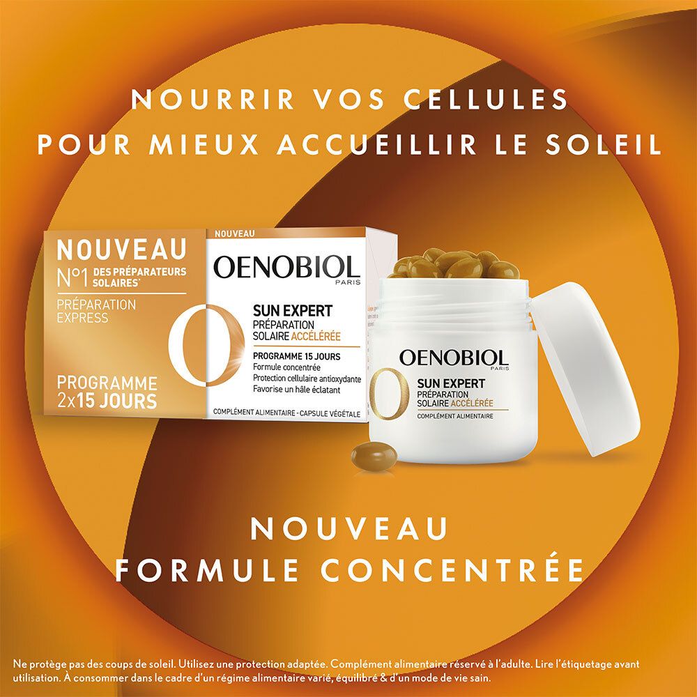 Oenobiol Sun Expert Packung und Behälter mit Kapseln. Text: Nährt Zellen für besseren Sonnenschutz.