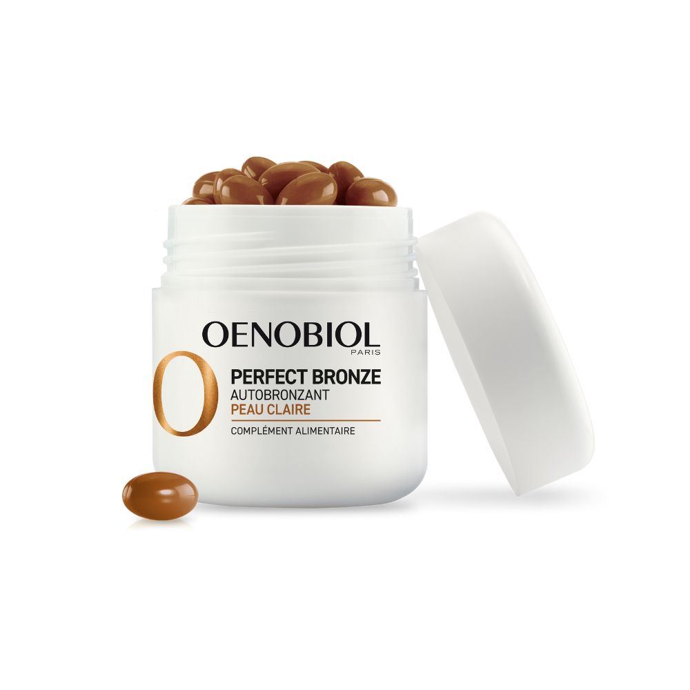 Pot Oenobiol Perfect Bronze blanc avec gélules marron et couvercle.