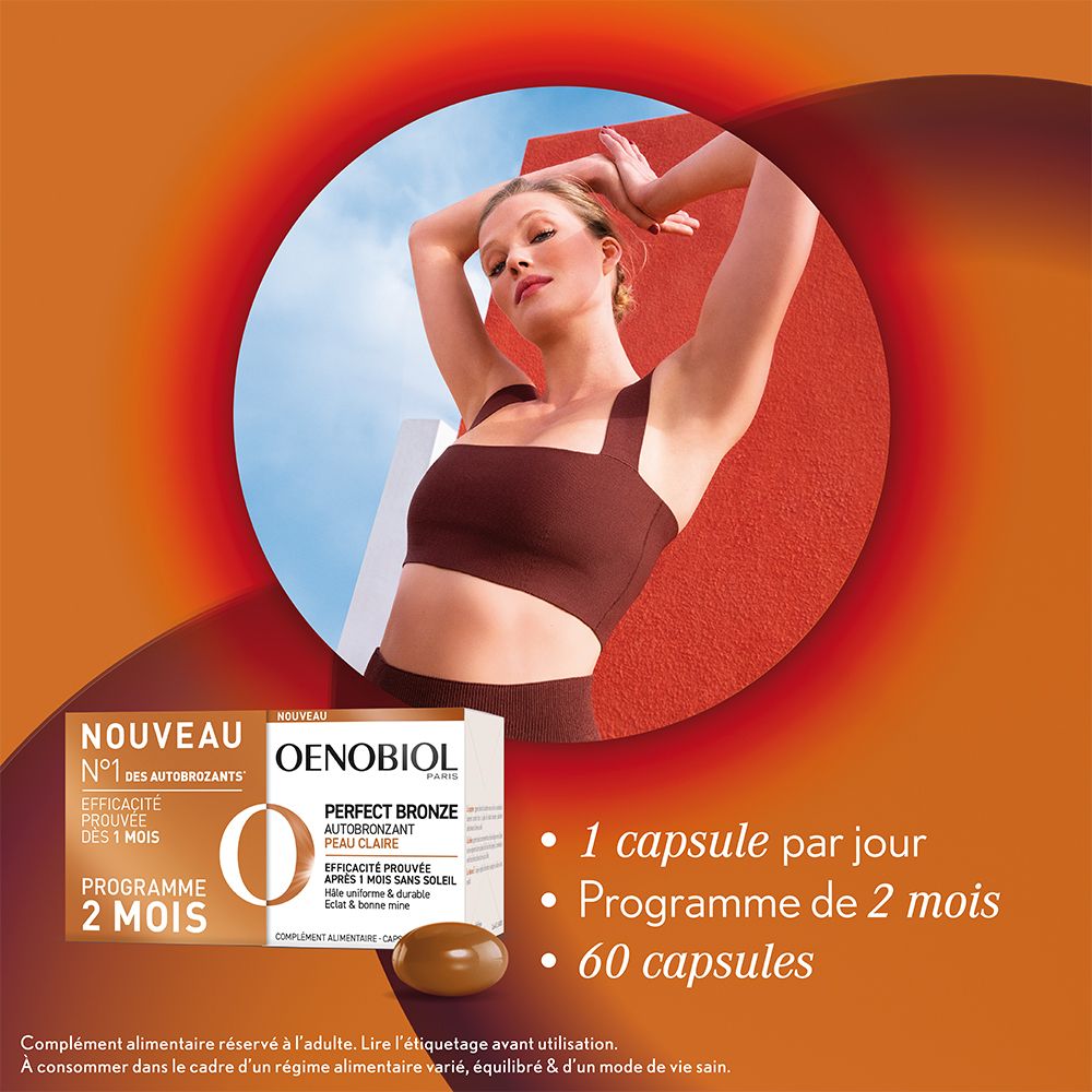Publicité avec femme, boîte et gélule Oenobiol Perfect Bronze. Texte: 1 gélule/jour, programme 2 mois.
