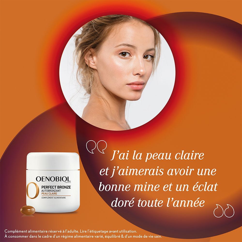 Publicité avec femme et pot Oenobiol Perfect Bronze. Texte: J'aimerais avoir un bon teint et un éclat doré.