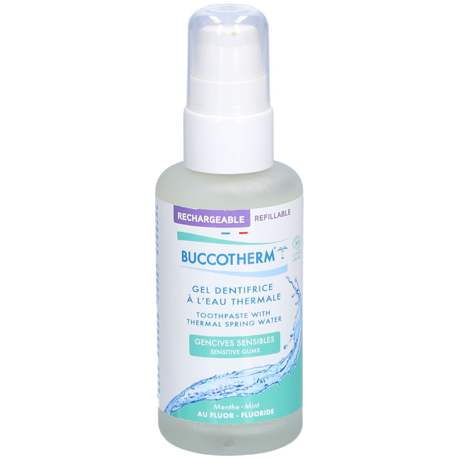 Gel dentifrice à l'eau thermale. Flacon blanc avec pompe. Texte: Buccotherm, Gencives Sensibles, Rechargeable.