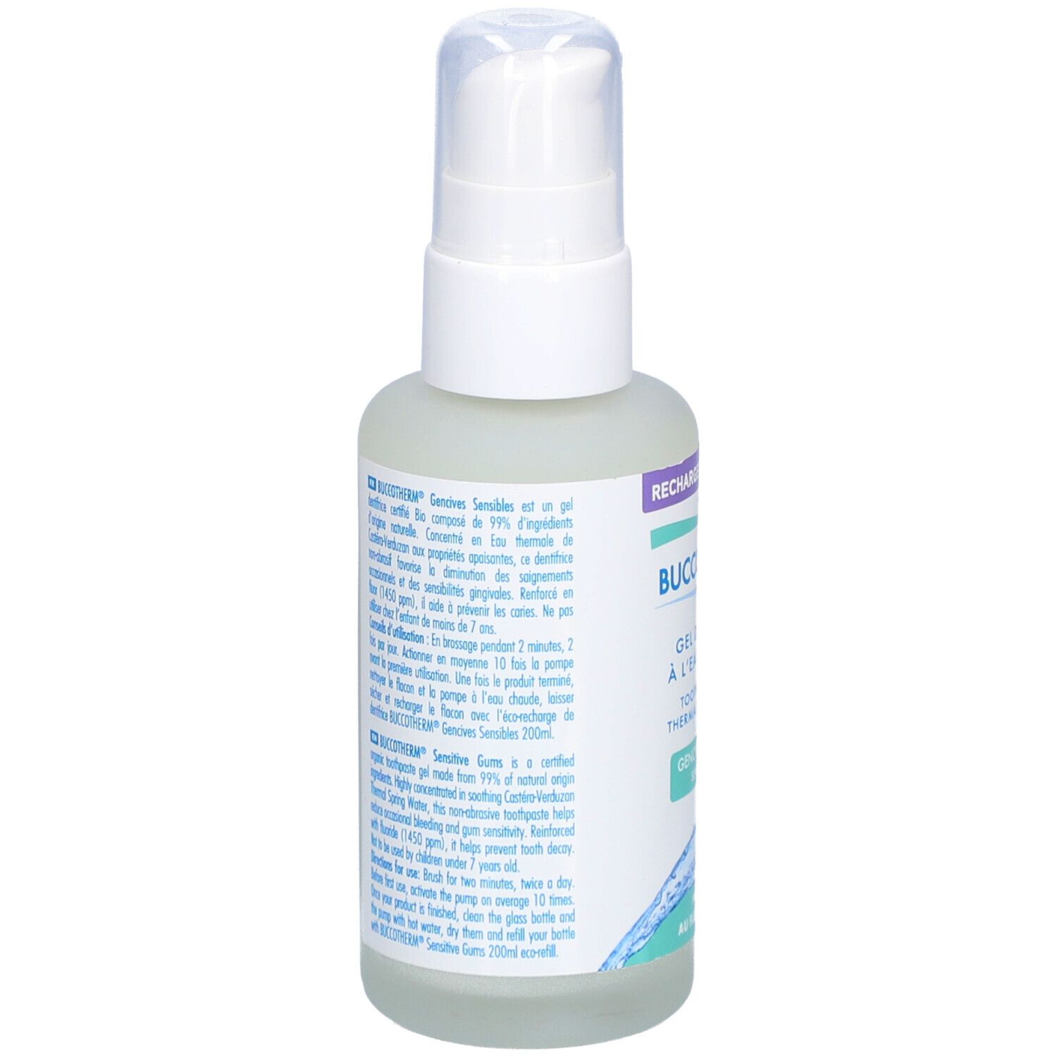 Gel dentifrice à l'eau thermale. Flacon blanc avec pompe. Texte au dos.