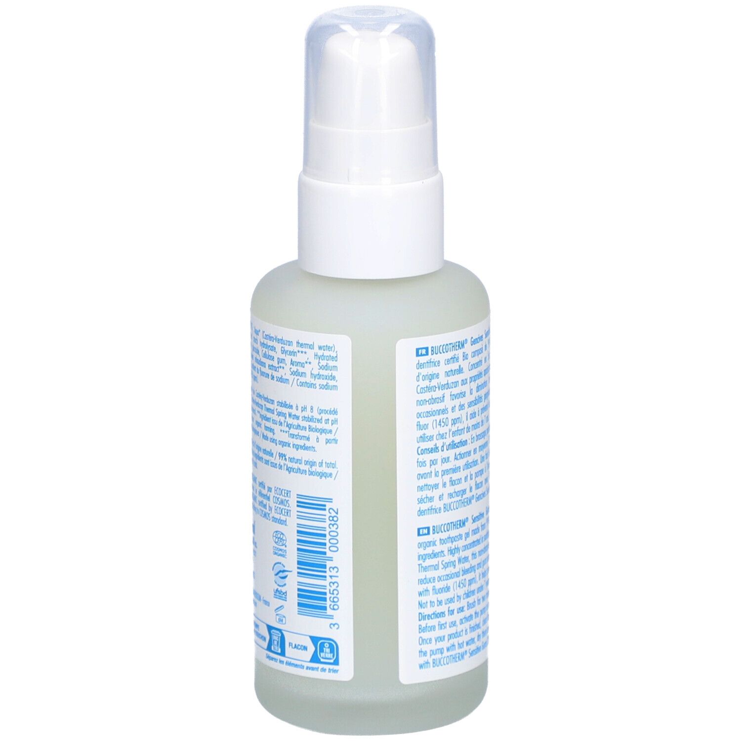 Gel dentifrice à l'eau thermale. Flacon blanc avec pompe. Texte au dos.