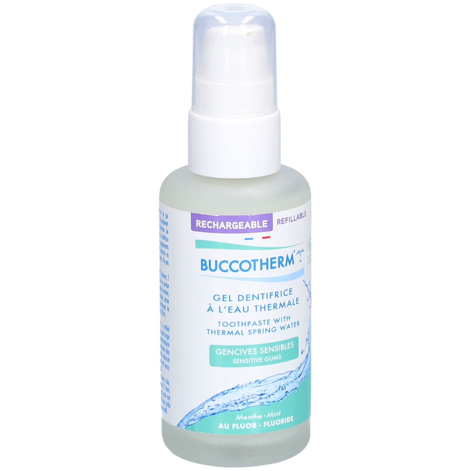 Gel dentifrice à l'eau thermale. Flacon blanc avec pompe. Texte: Buccotherm, Gencives Sensibles, Rechargeable.