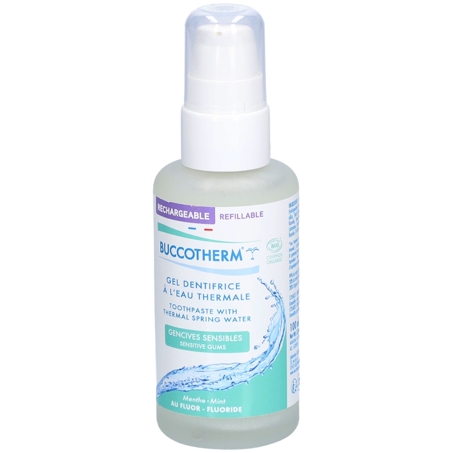 Gel dentifrice à l'eau thermale. Flacon blanc avec pompe. Texte: Buccotherm, Gencives Sensibles, Rechargeable.