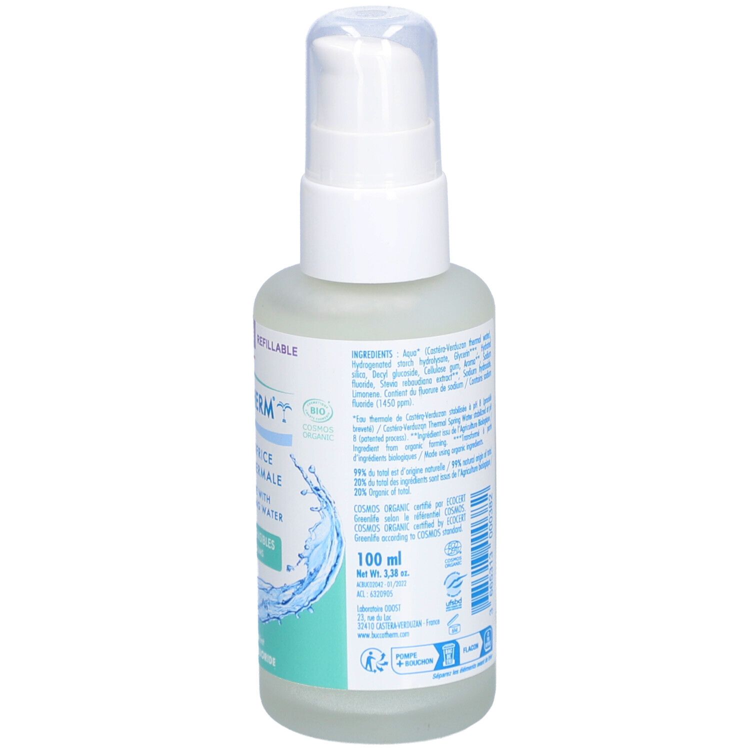 Gel dentifrice à l'eau thermale. Flacon blanc avec pompe. Texte au dos.