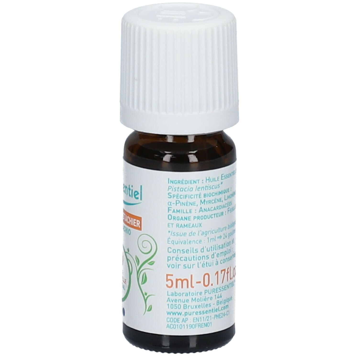 Braune Glasflasche mit weißem Deckel. Etikett mit Produktnamen, BIO-Siegel und Text. 5ml.