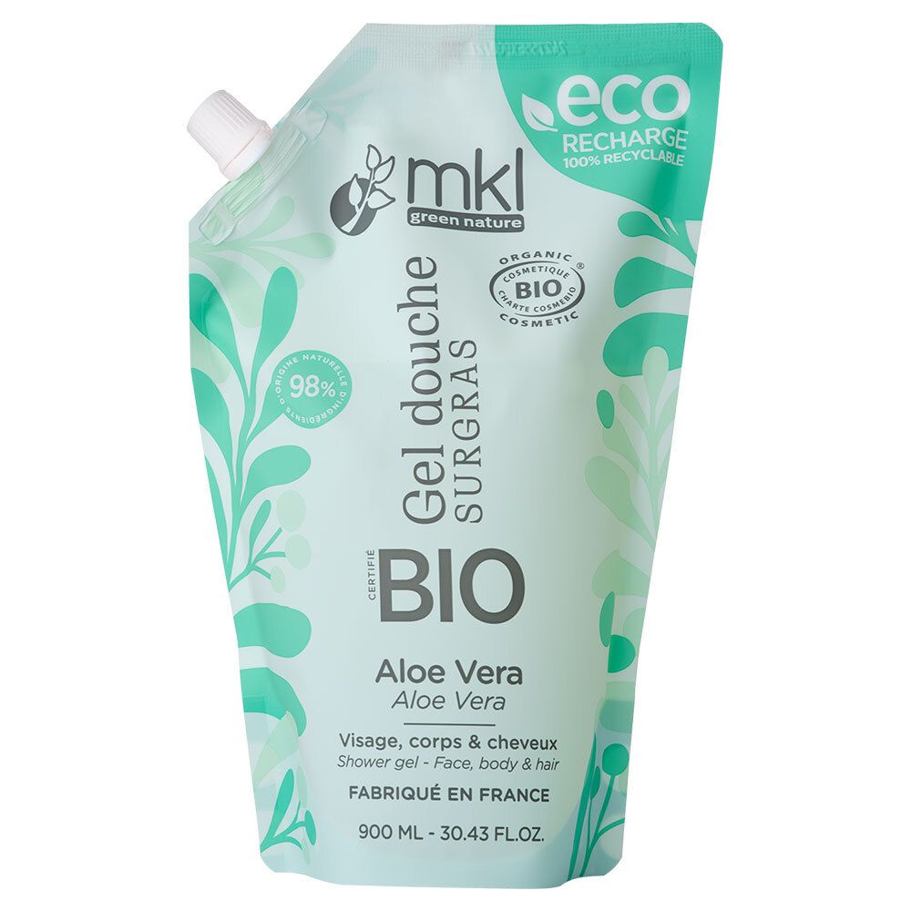 Navulverpakking voor douchegel Aloe Vera. Bio-gecertificeerd, 98% natuurlijke ingrediënten. Groen design, mkl logo.
