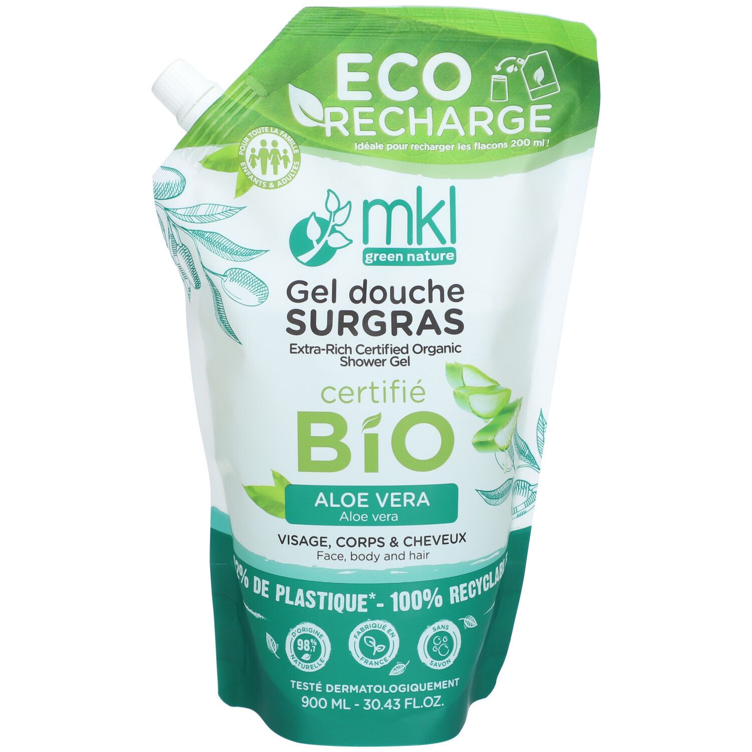 mkl GEL Douche Eco-Recharge Certifiée BIO 900Ml - Aloe Vera