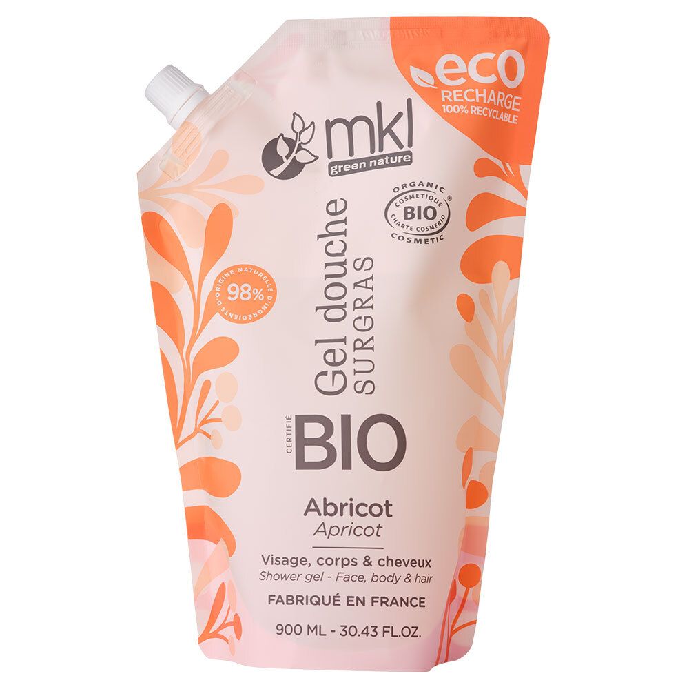 Recharge de gel douche Abricot BIO. Emballage orange et blanc avec logo et certifications. Contenance 900 ml.