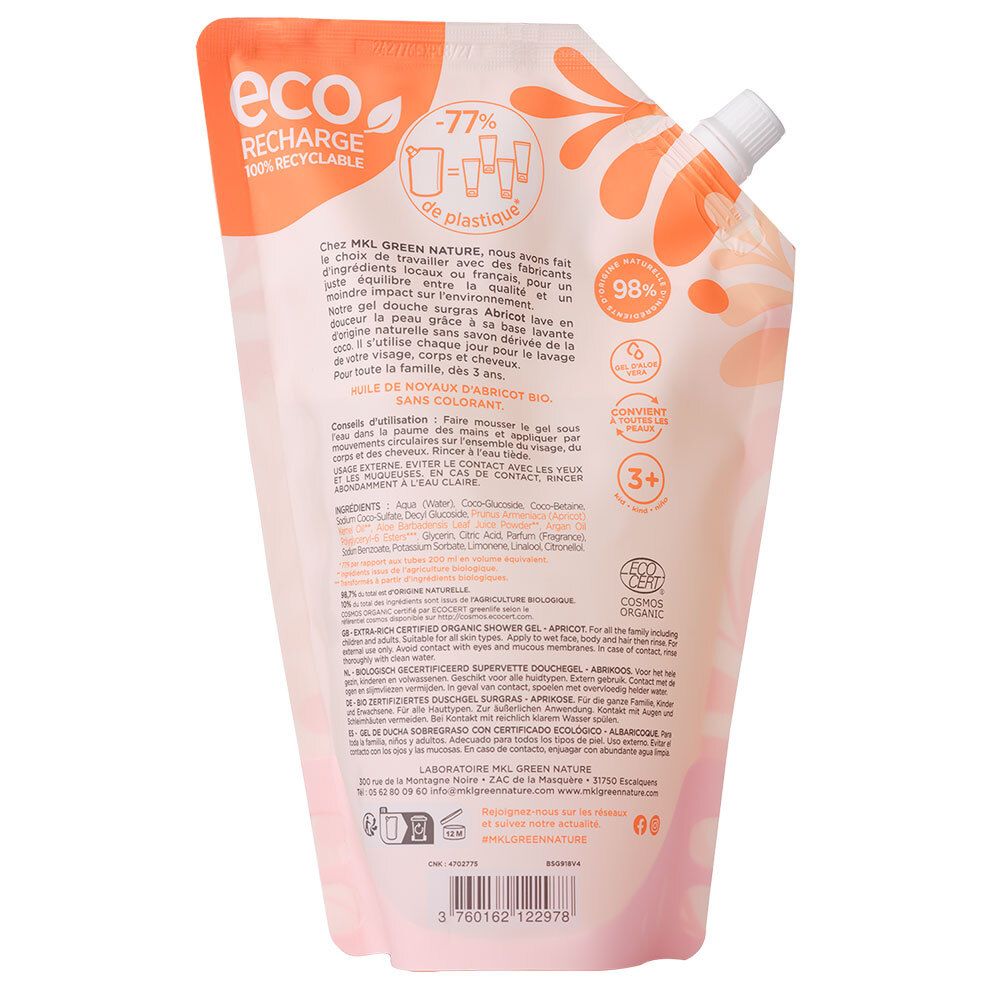 Dos de la recharge Gel Douche Abricot BIO. Texte, ingrédients, certifications et logo. 98% biodégradable.