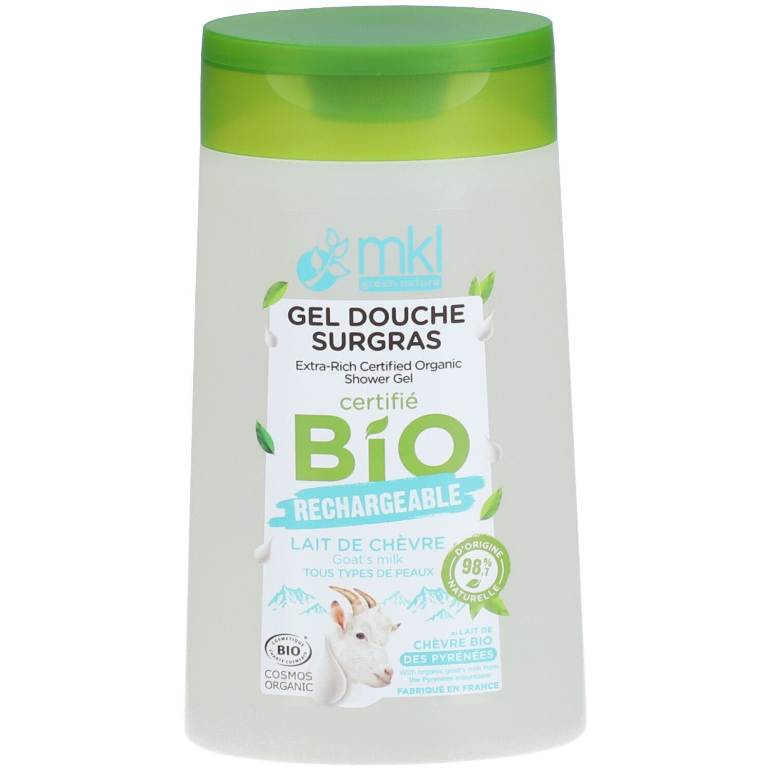 Flacon transparent, bouchon vert. Étiquette avec informations produit, illustration de chèvre et certification BIO.