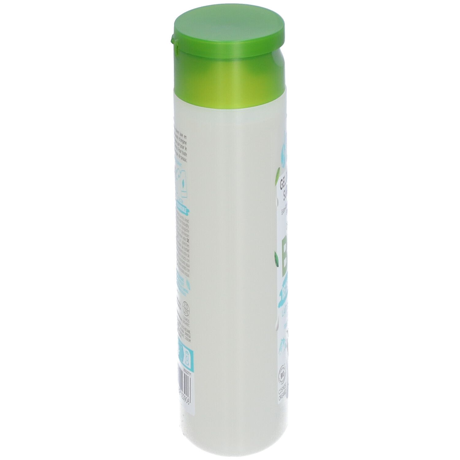 Flacon cylindrique transparent, bouchon vert. Vue latérale avec étiquette produit.