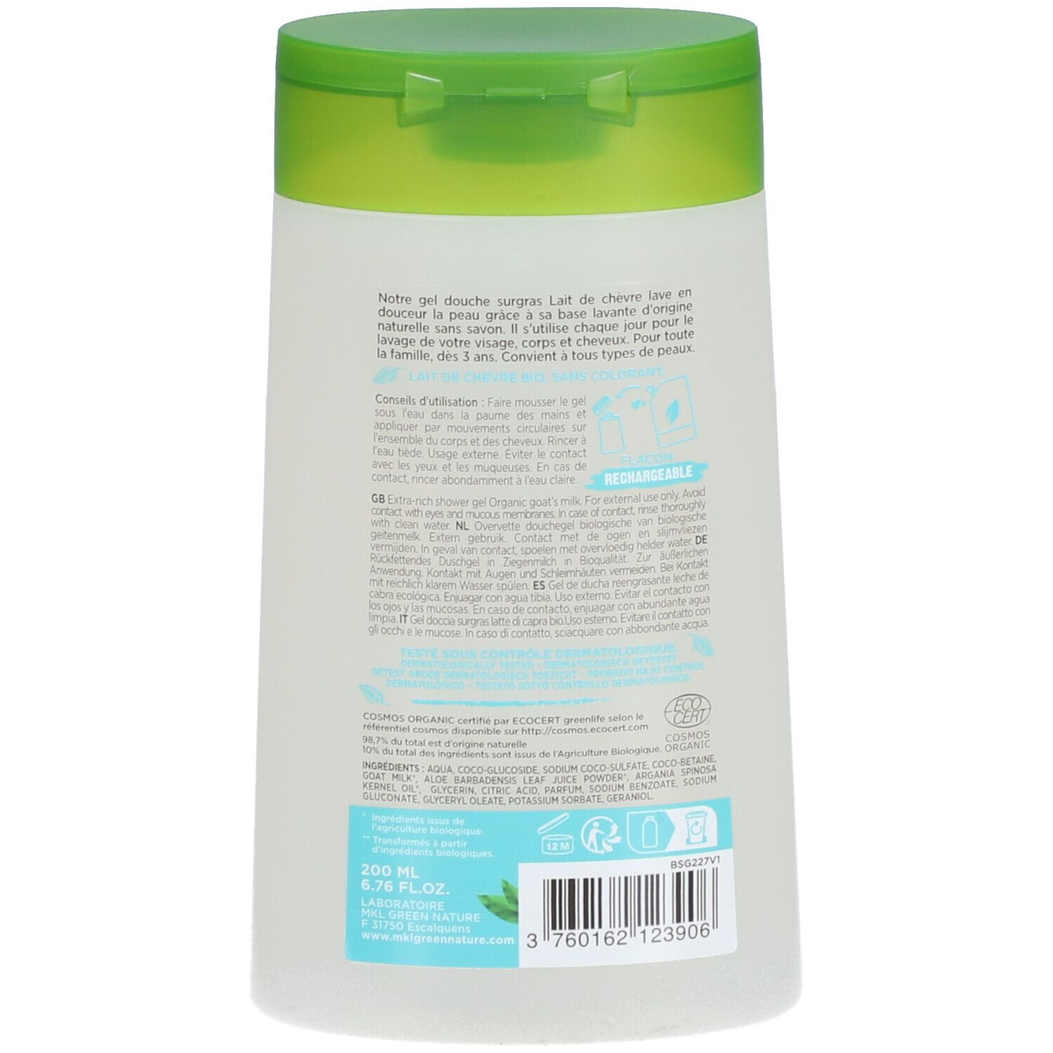Dos d'un flacon transparent, bouchon vert. Informations textuelles et étiquette avec ingrédients.