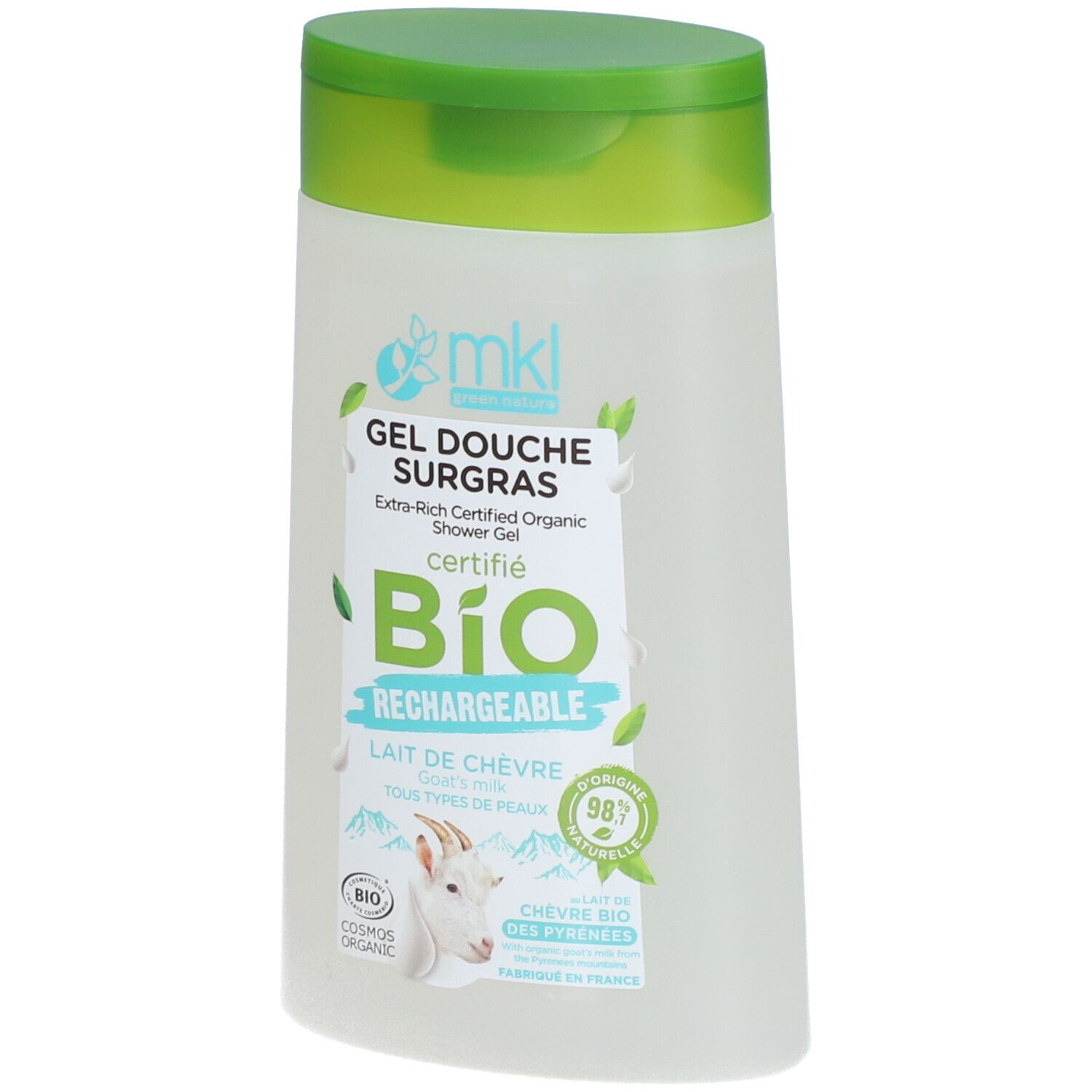Flacon transparent, bouchon vert. Étiquette avec informations produit, chèvre et certification BIO.