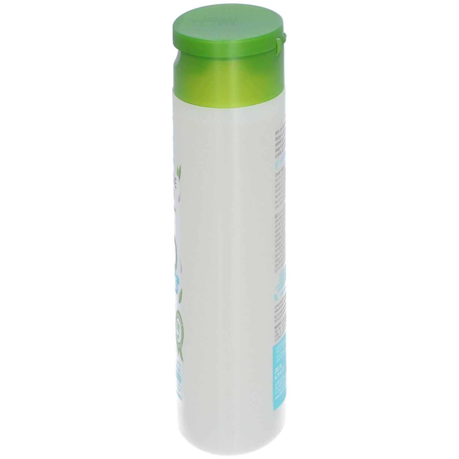 Flacon cylindrique transparent, bouchon vert. Vue latérale avec étiquette produit.