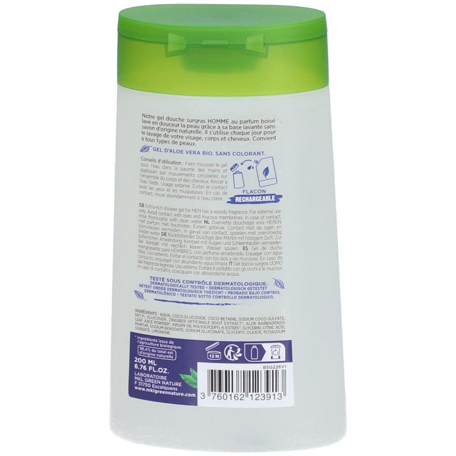 Dos du flacon. Texte multilingue. Informations sur les ingrédients et certifications. Code-barres et symboles de recyclage.