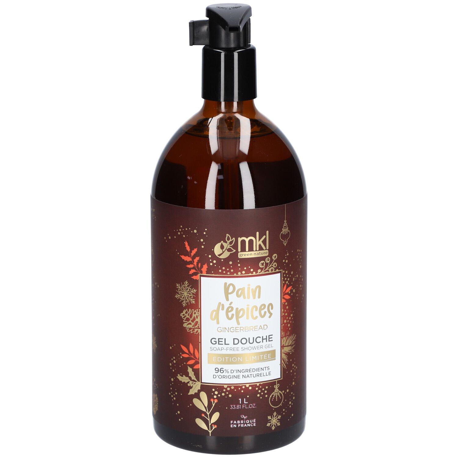 Flacon marron avec pompe noire. Inscription: Pain d'épices, Gel Douche, 1L. Éléments décoratifs.