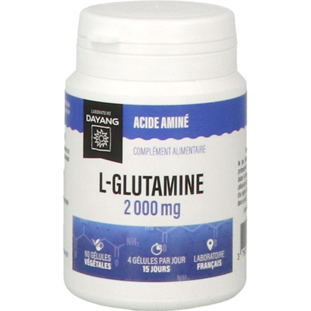 Flacon blanc, étiquette bleue. Inscription: L-Glutamine 2000 mg, 60 gélules, Dayang.