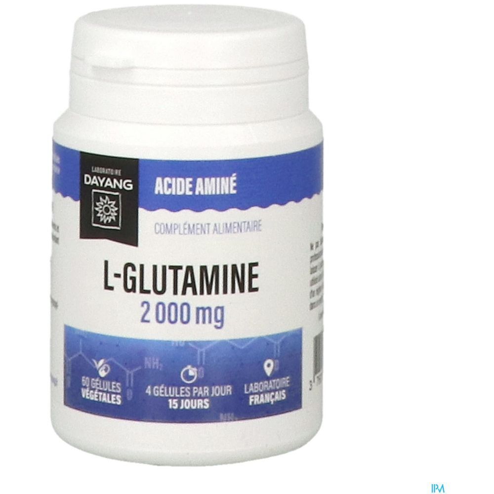 Flacon blanc, étiquette bleue. Inscription: L-Glutamine 2000 mg, Dayang.