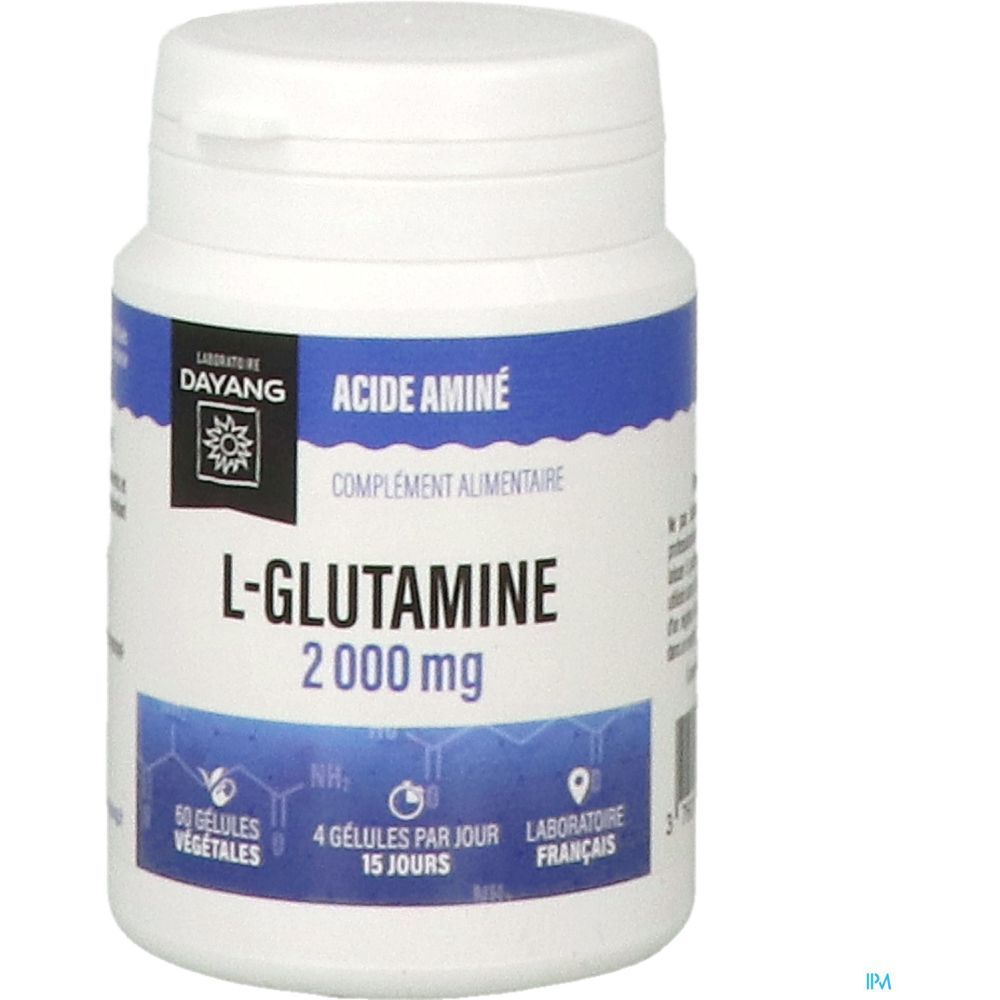 Flacon blanc, étiquette bleue. Inscription: L-Glutamine 2000 mg, Dayang.