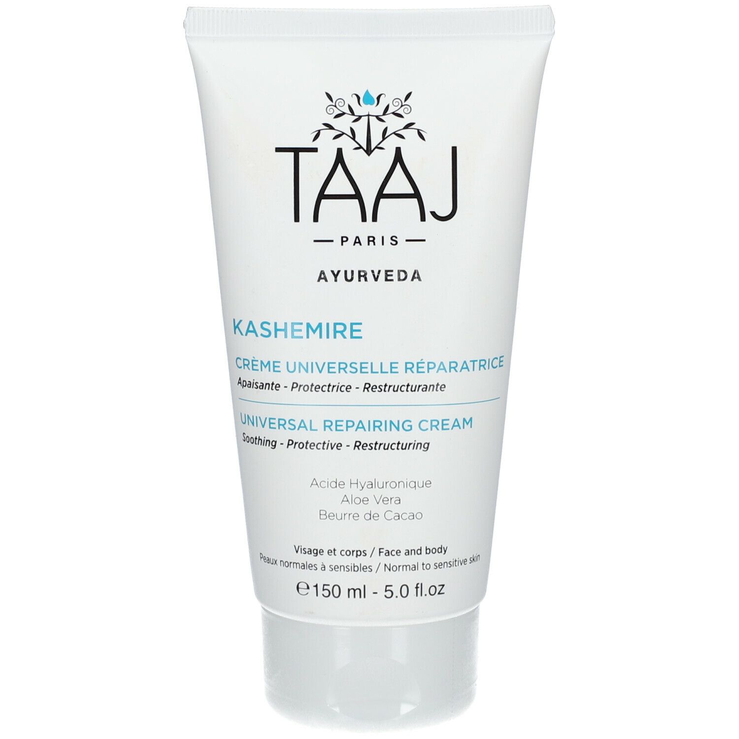 Tube blanc TAAJ Kashemire Crème Universelle Réparatrice. Inscriptions en français et anglais. Contenance 150 ml.