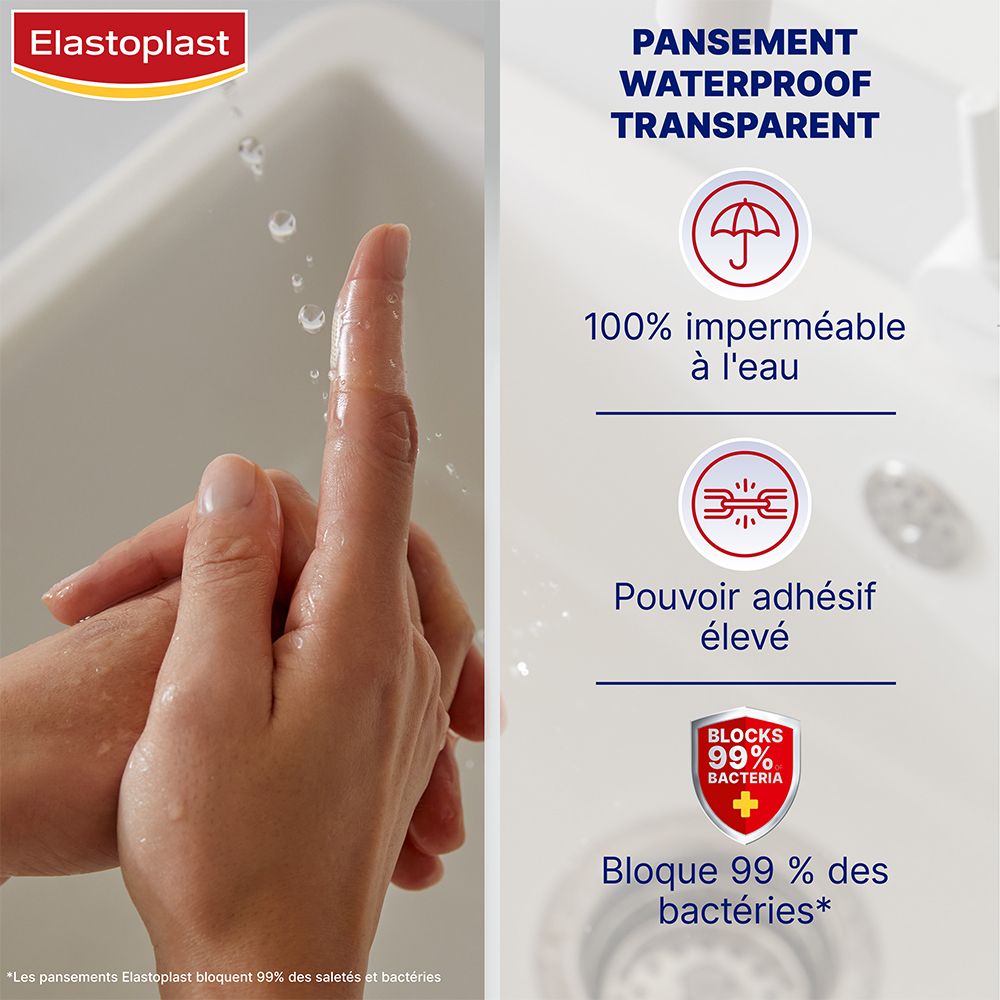 Pansement Elastoplast Waterproof transparent. 100% imperméable. Haute adhérence. Bloque 99% bactéries.