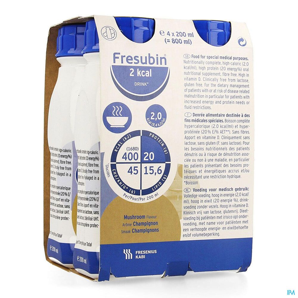 Emballage de quatre bouteilles Fresubin 2 kcal Drink. Bouchons bleus, bouteilles blanches. Informations nutritionnelles.