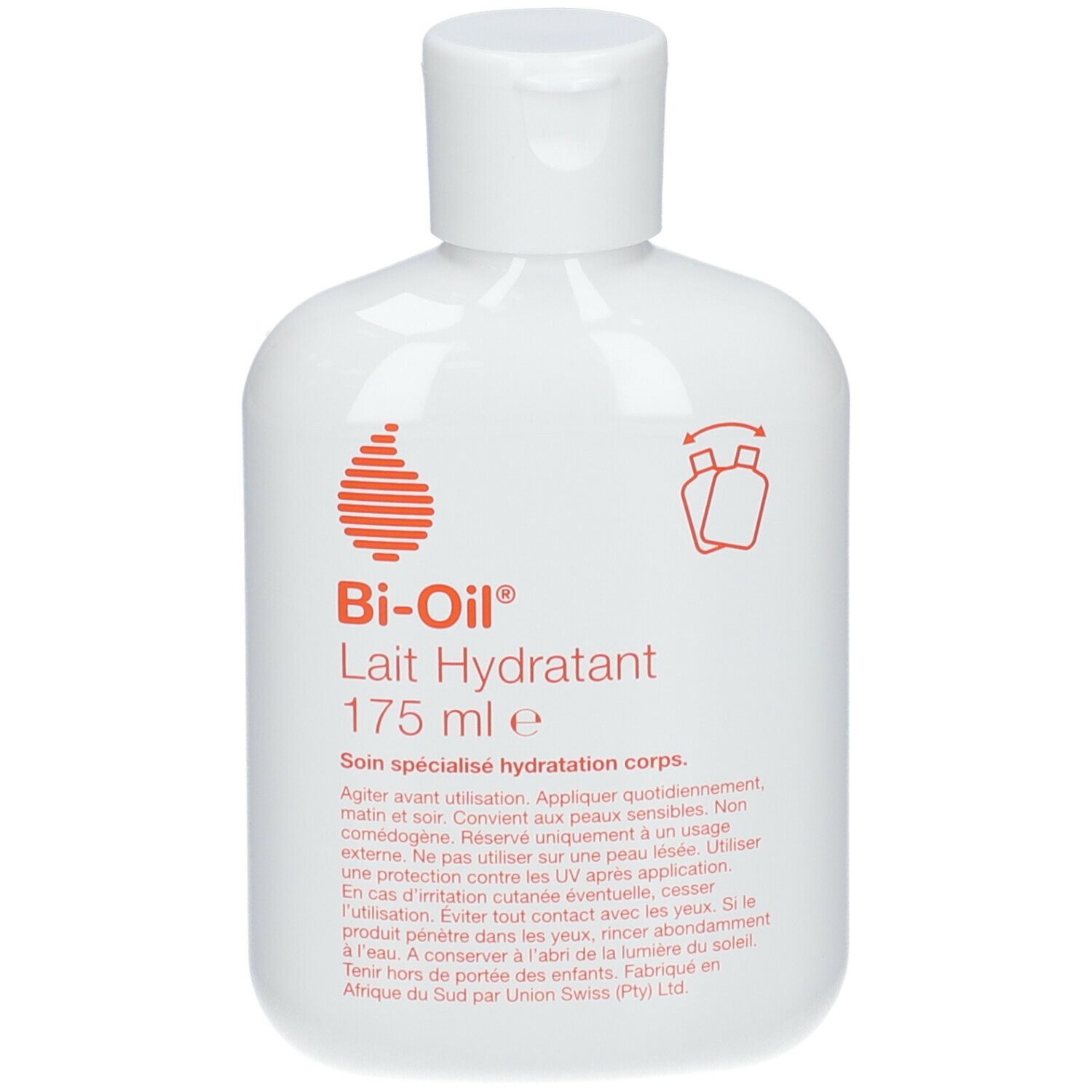 Flacon blanc avec bouchon à vis. Inscription: Bi-Oil® Lait Hydratant. 175 ml. Code-barres rouge.