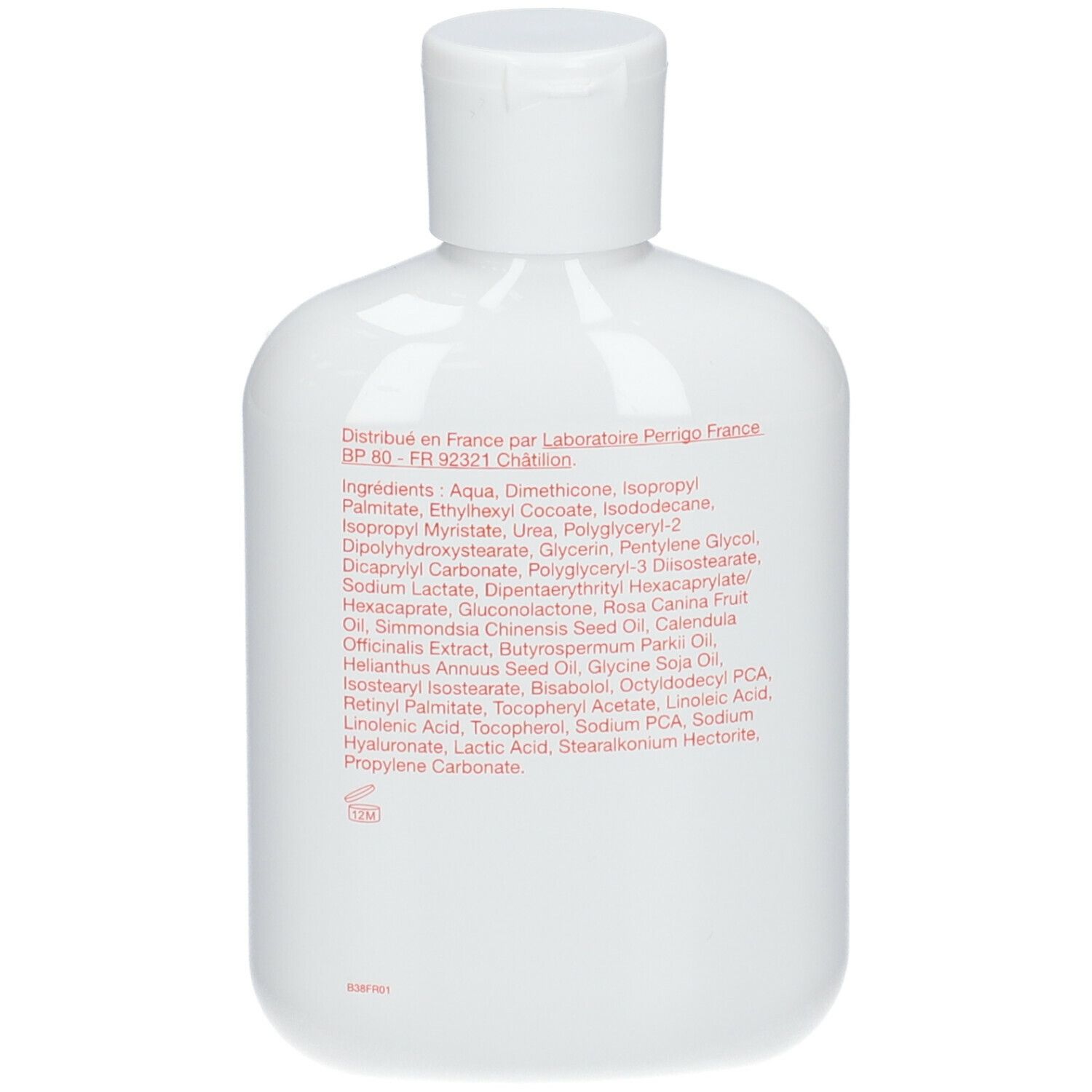 Dos d'un flacon blanc. Ingrédients et informations du fabricant en caractères rouges.