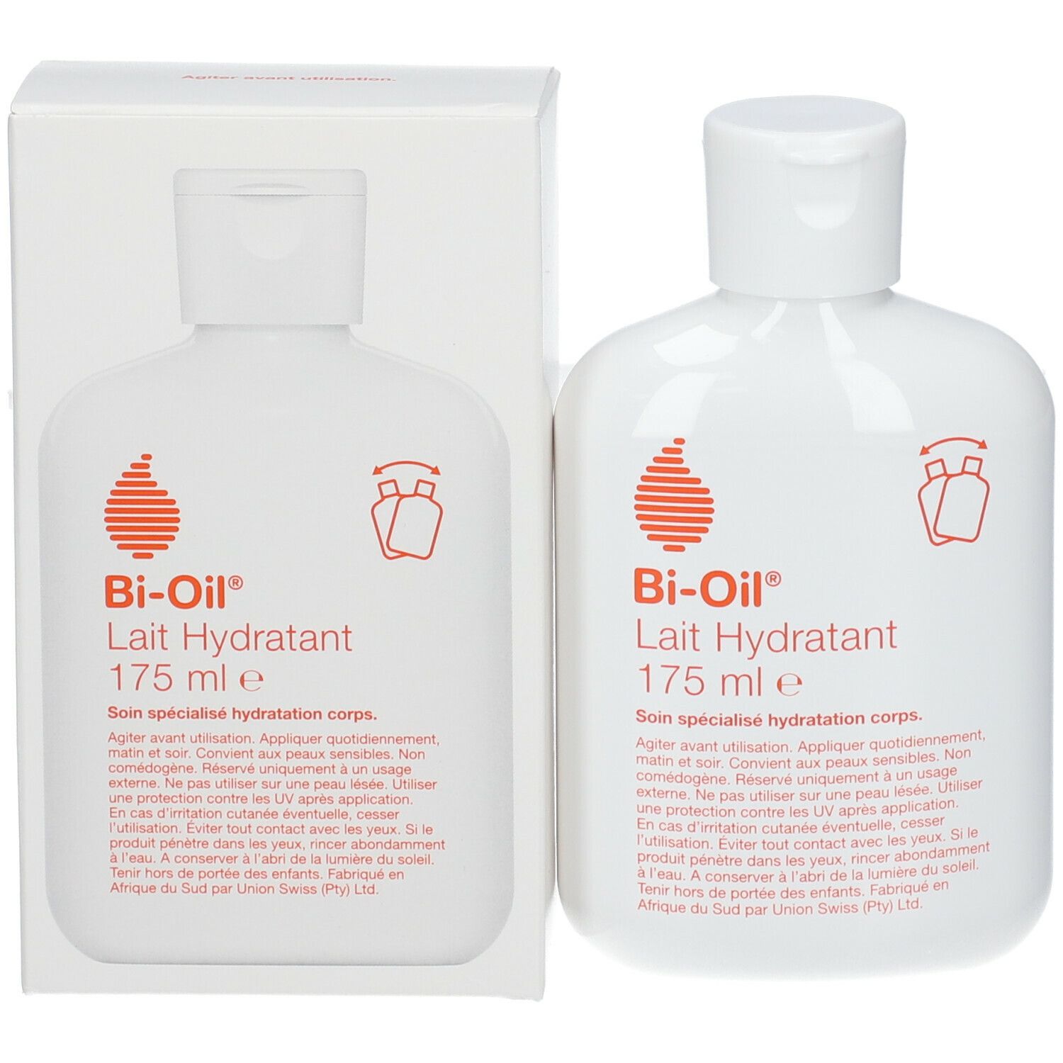 Deux flacons blancs avec bouchon à vis et boîte. Inscription: Bi-Oil® Lait Hydratant. 175 ml.