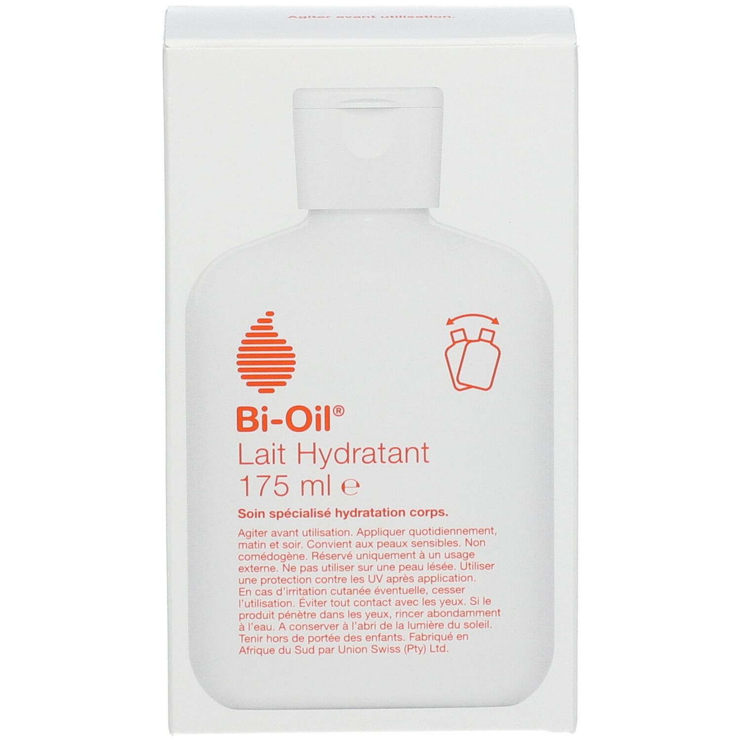 Flacon blanc avec bouchon à vis dans une boîte blanche. Inscription: Bi-Oil® Lait Hydratant. 175 ml.