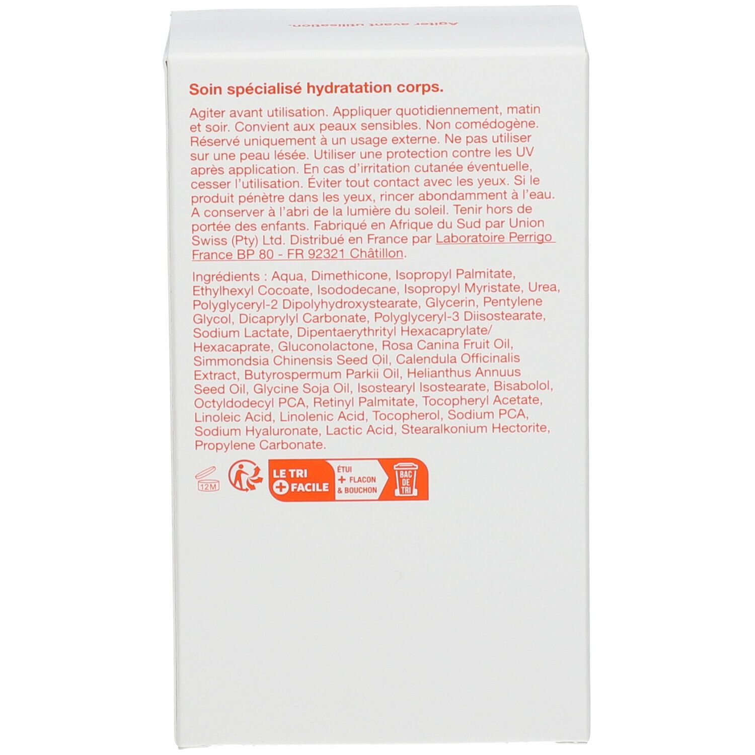 Dos d'une boîte blanche. Ingrédients et informations en caractères rouges.