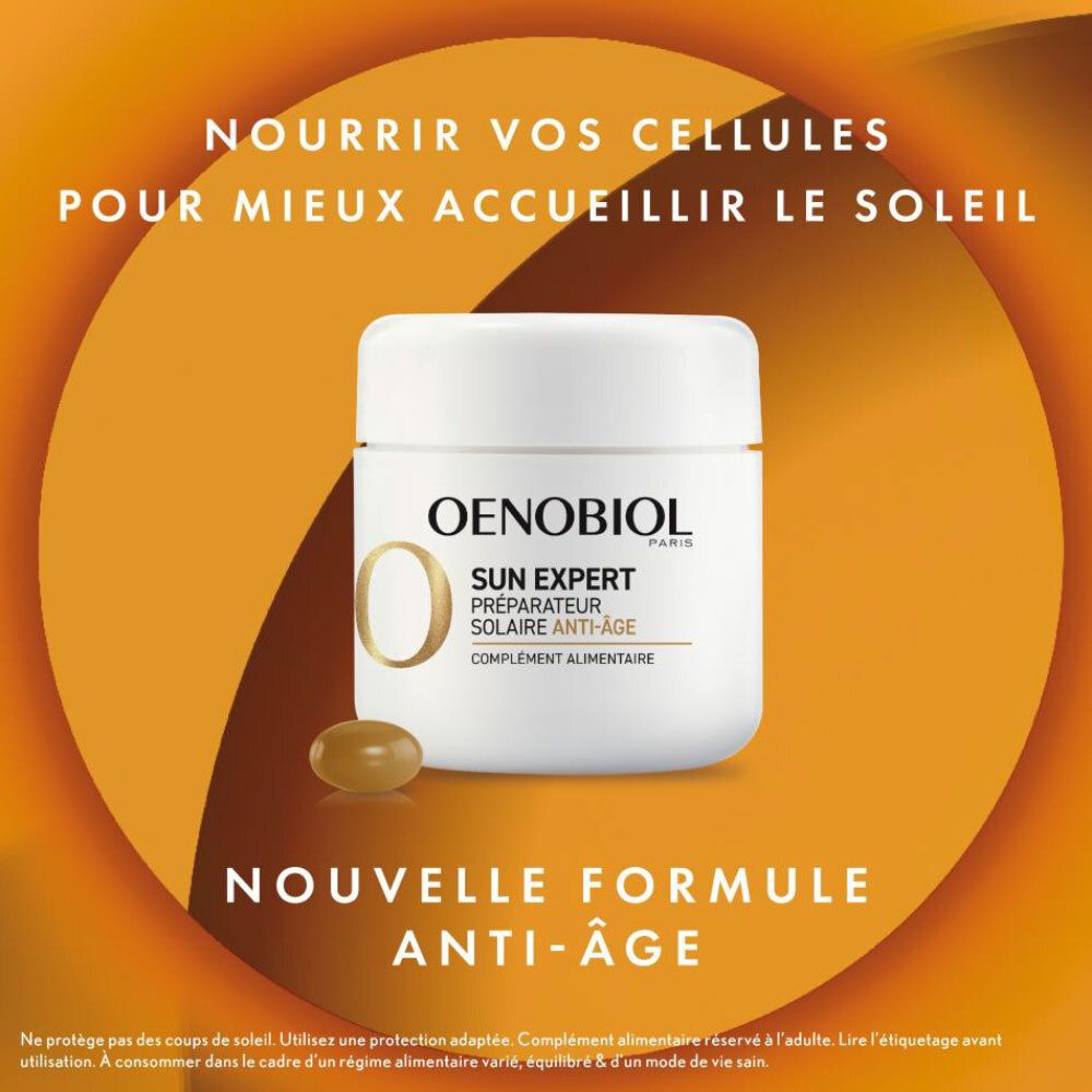Image du produit avec gélules brunes. Inscription: OENOBIOL SUN EXPERT. Fond: orange.