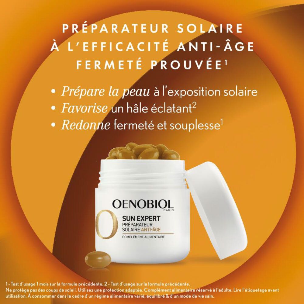 Image du produit avec gélules brunes. Inscription: OENOBIOL SUN EXPERT. Fond: orange.