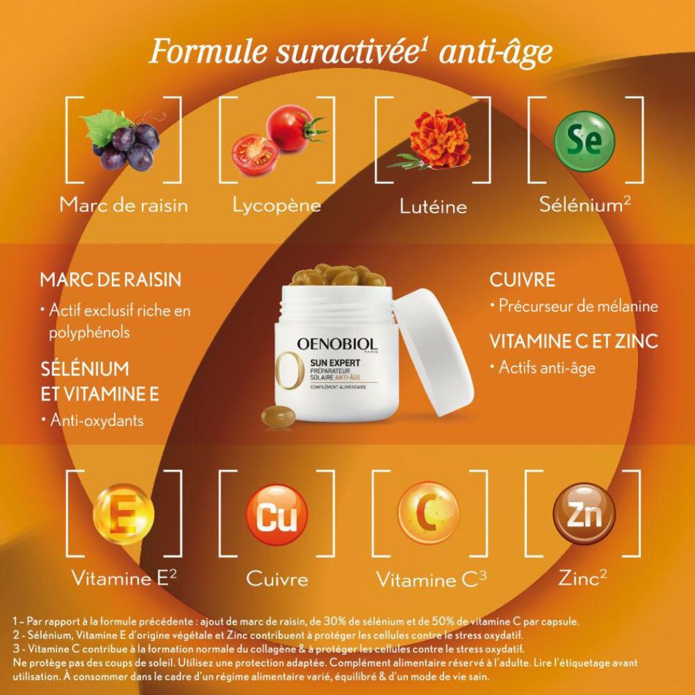 Image du produit avec gélules brunes. Inscription: OENOBIOL SUN EXPERT. Fond: orange.