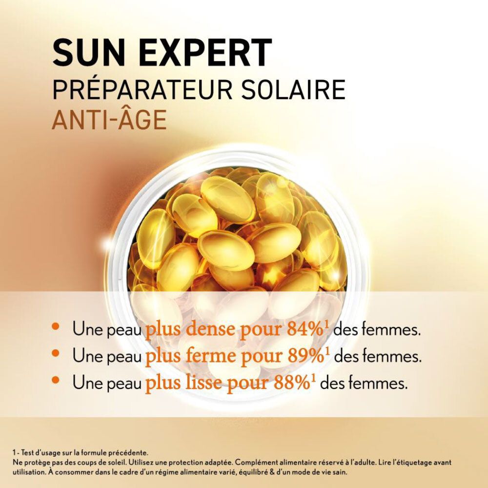 Image du produit avec gélules brunes. Inscription: OENOBIOL SUN EXPERT. Fond: orange.