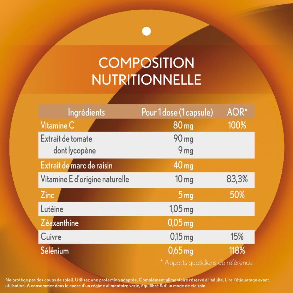 Tableau nutritionnel avec ingrédients. Inscription: OENOBIOL SUN EXPERT. Fond: orange.