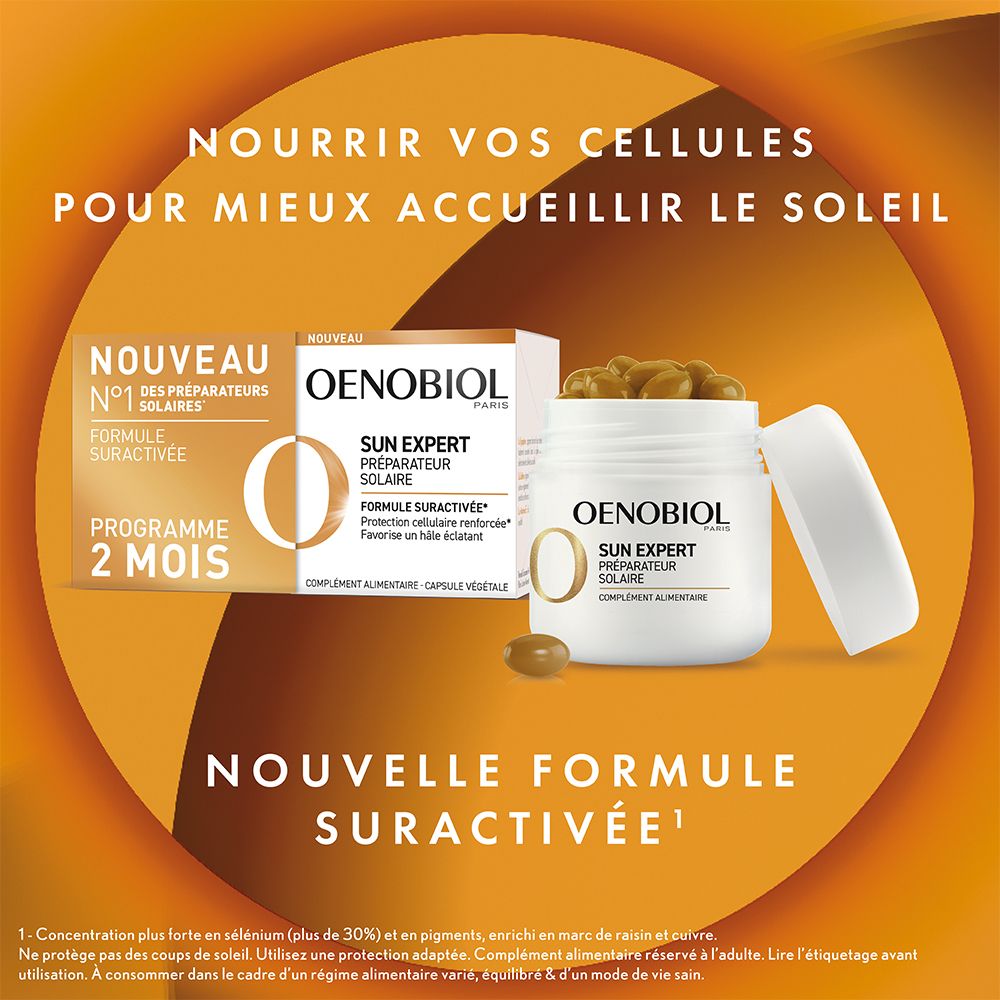 Emballage et pot de gélules. Texte : Oenobiol Sun Expert. Fond orange.