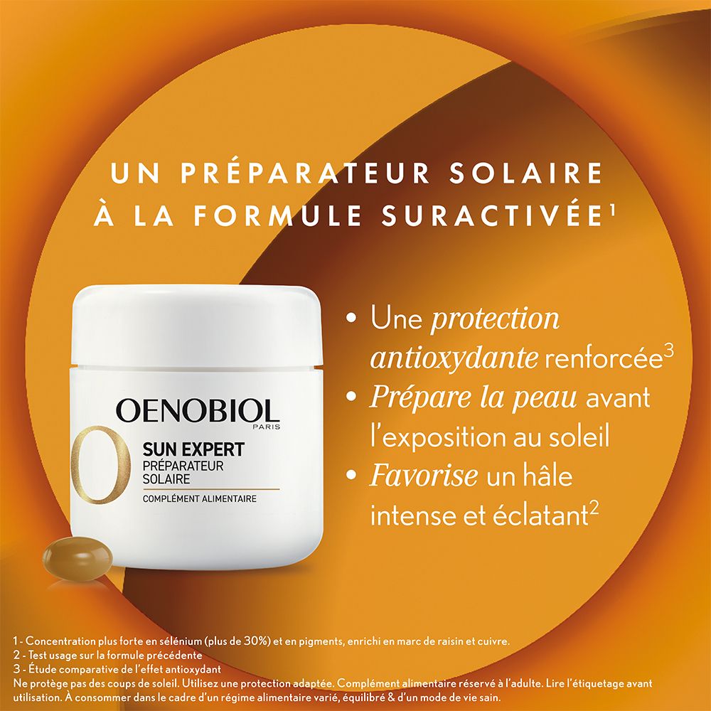 Pot de gélules. Texte : Oenobiol Sun Expert. Inscription : « Préparateur Solaire ». Fond orange.
