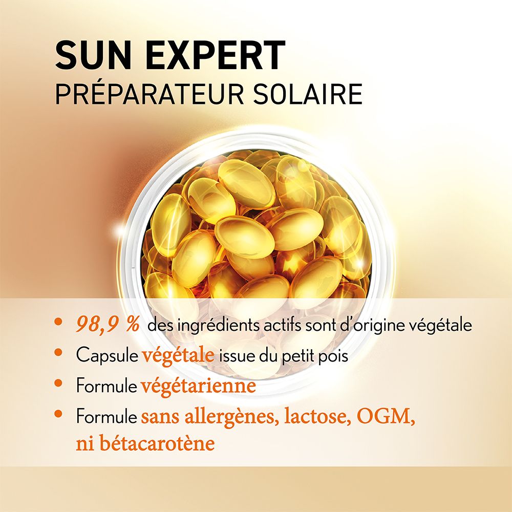 Gélules dans un pot. Texte : Oenobiol Sun Expert. Inscription : « 98,9 % d'ingrédients d'origine végétale ».