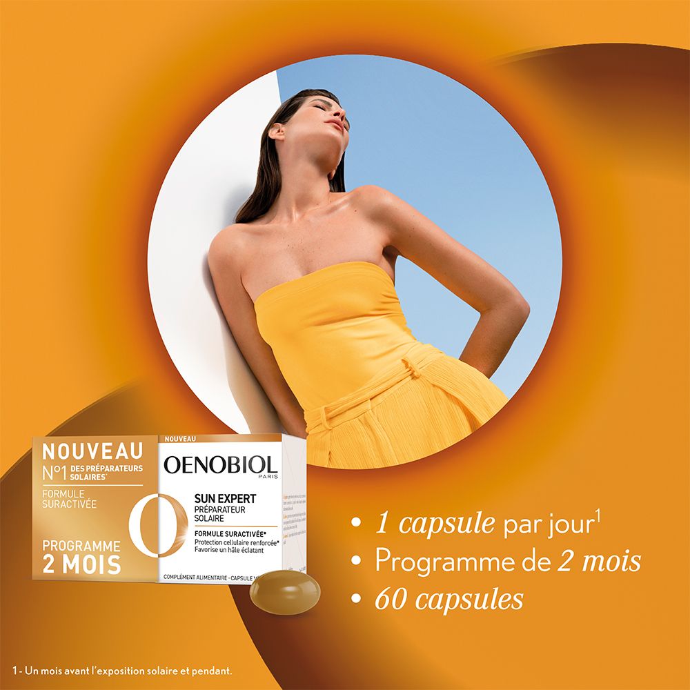 Femme en robe jaune. Pot et gélule à côté. Texte : Oenobiol Sun Expert. Programme 2 mois.