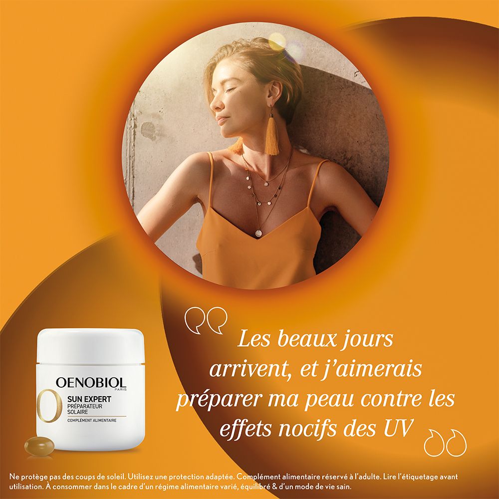 Femme en robe jaune. Pot à côté. Texte : Oenobiol Sun Expert. Citation : « préparer ma peau contre les effets nocifs des UV ».