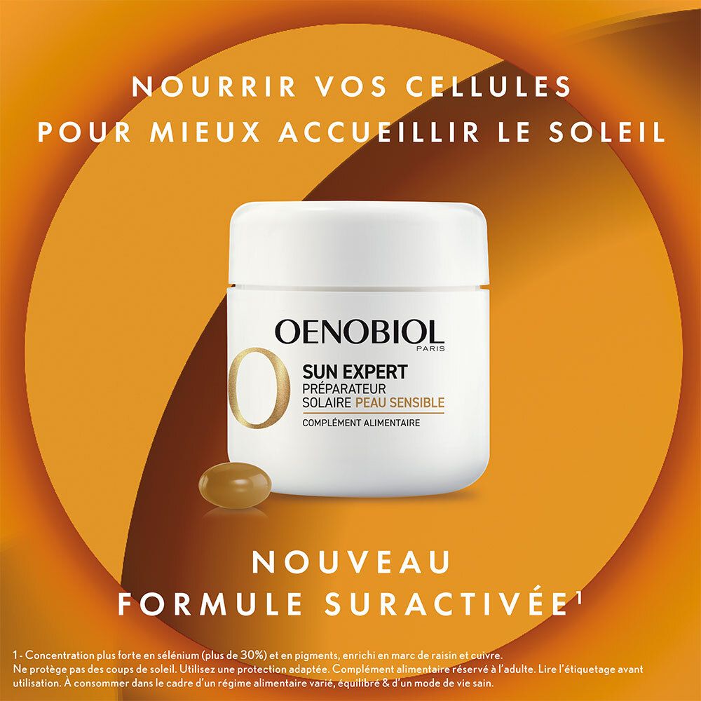 Pot de produit avec capsule. Texte : OENOBIOL SUN EXPERT. Fond orange. Texte : Nourrir vos cellules.