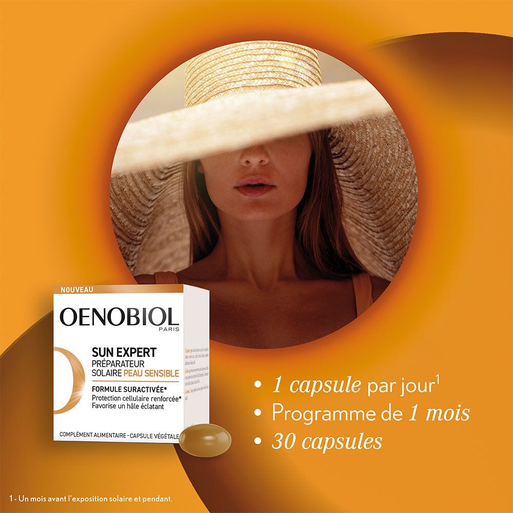 Femme avec chapeau. Pot et capsule de produit. Texte : OENOBIOL SUN EXPERT. Texte : 1 capsule par jour.