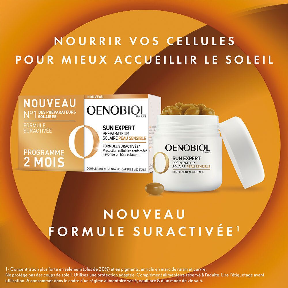 Image produit avec boîte et pot ouvert. Oenobiol Sun Expert, capsules.