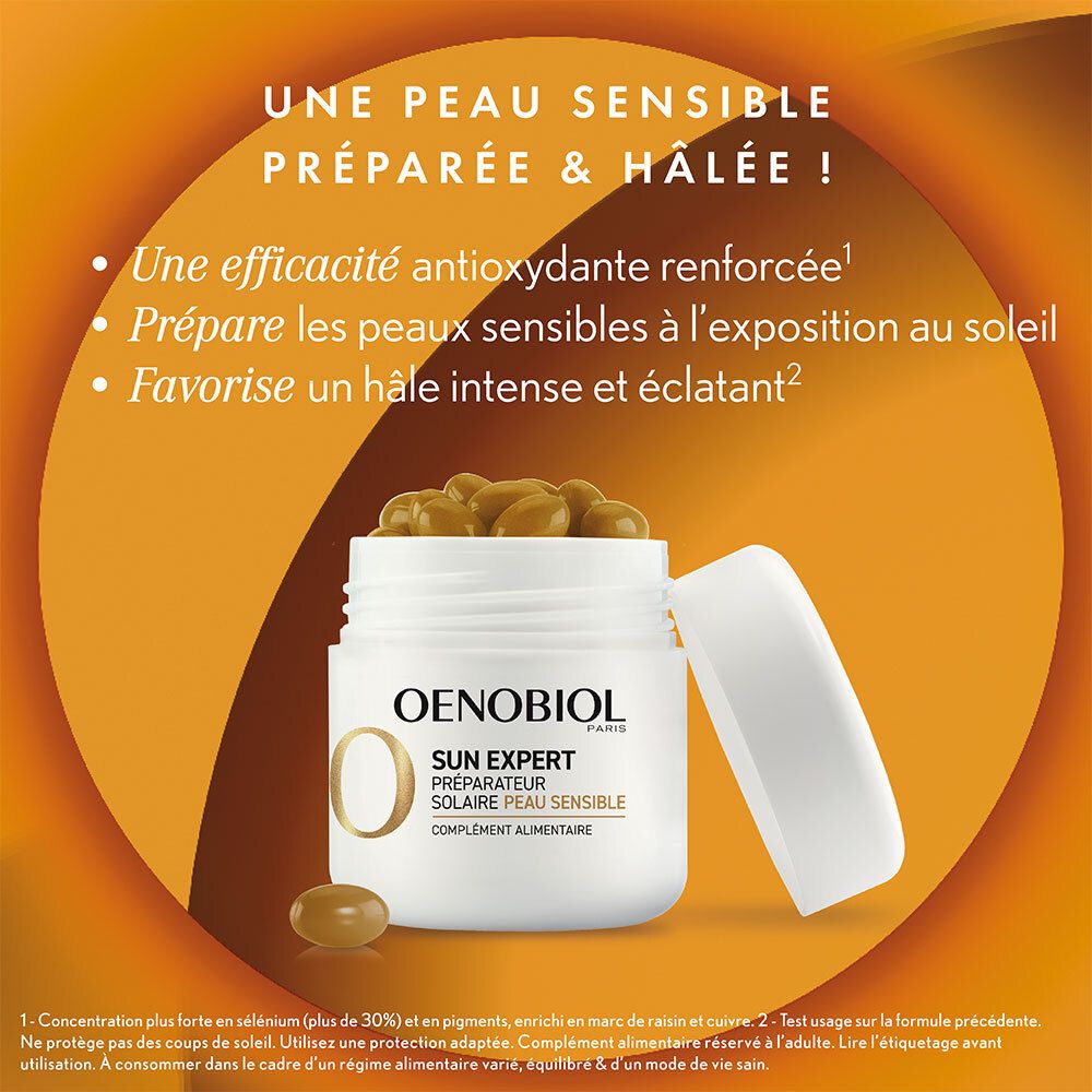 Pot ouvert avec gélules. Oenobiol Sun Expert, peau sensible.