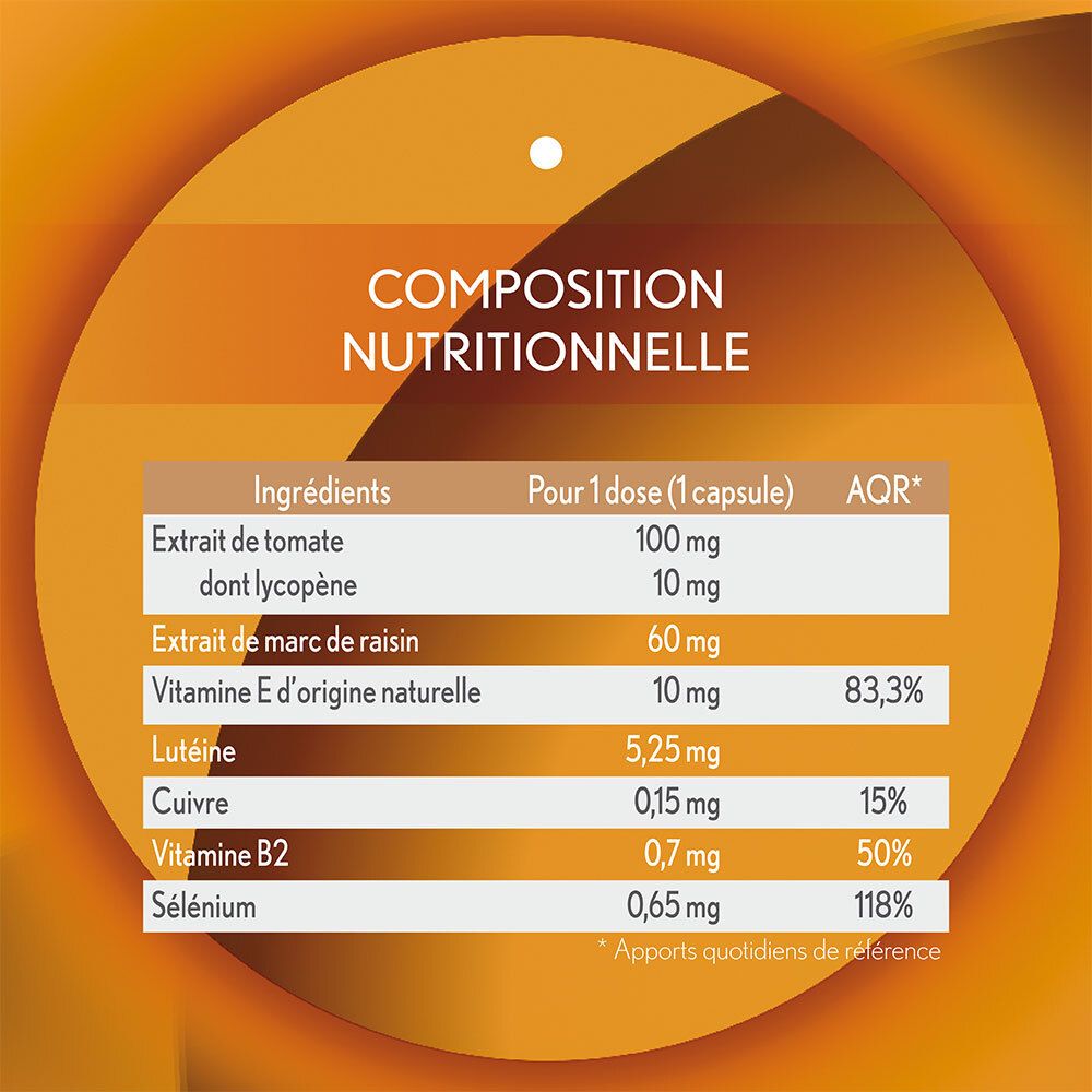Tableau nutritionnel. Ingrédients: lycopène, extrait de pépins de raisin, lutéine, Vit E, cuivre, B2, sélénium.