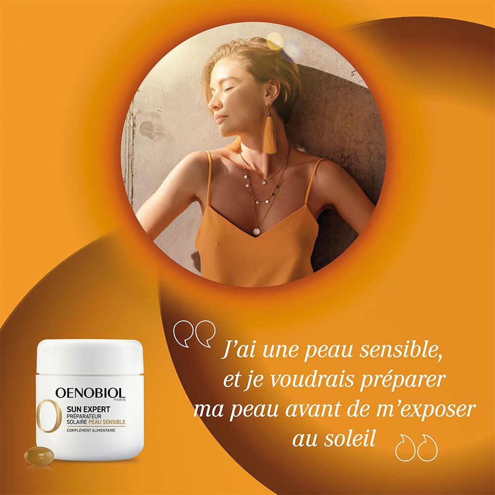 Femme avec produit. Oenobiol Sun Expert, peau sensible.