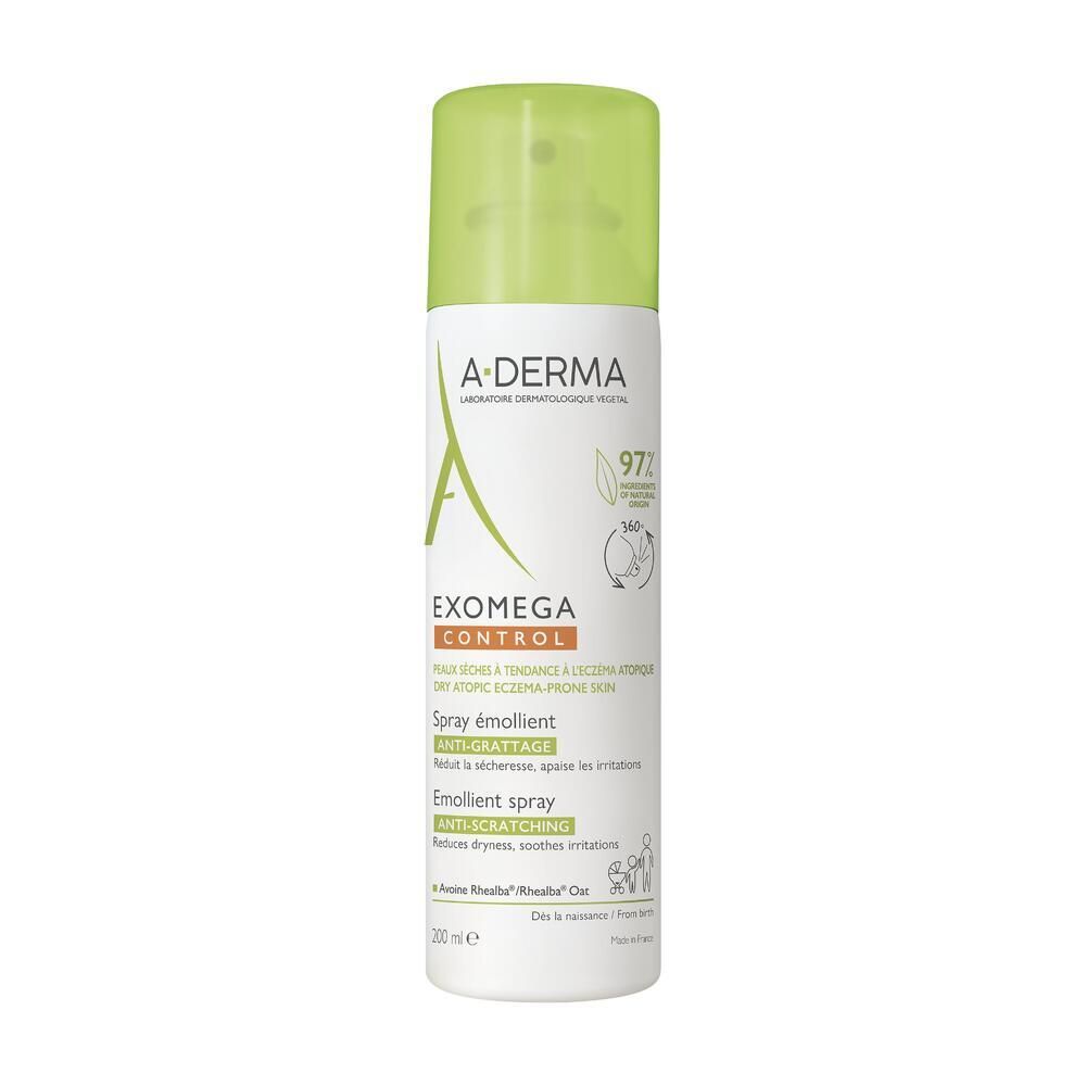 Spray A-Derma Exomega Control. Flacon blanc, bouchon vert. Texte et logo sur le devant.